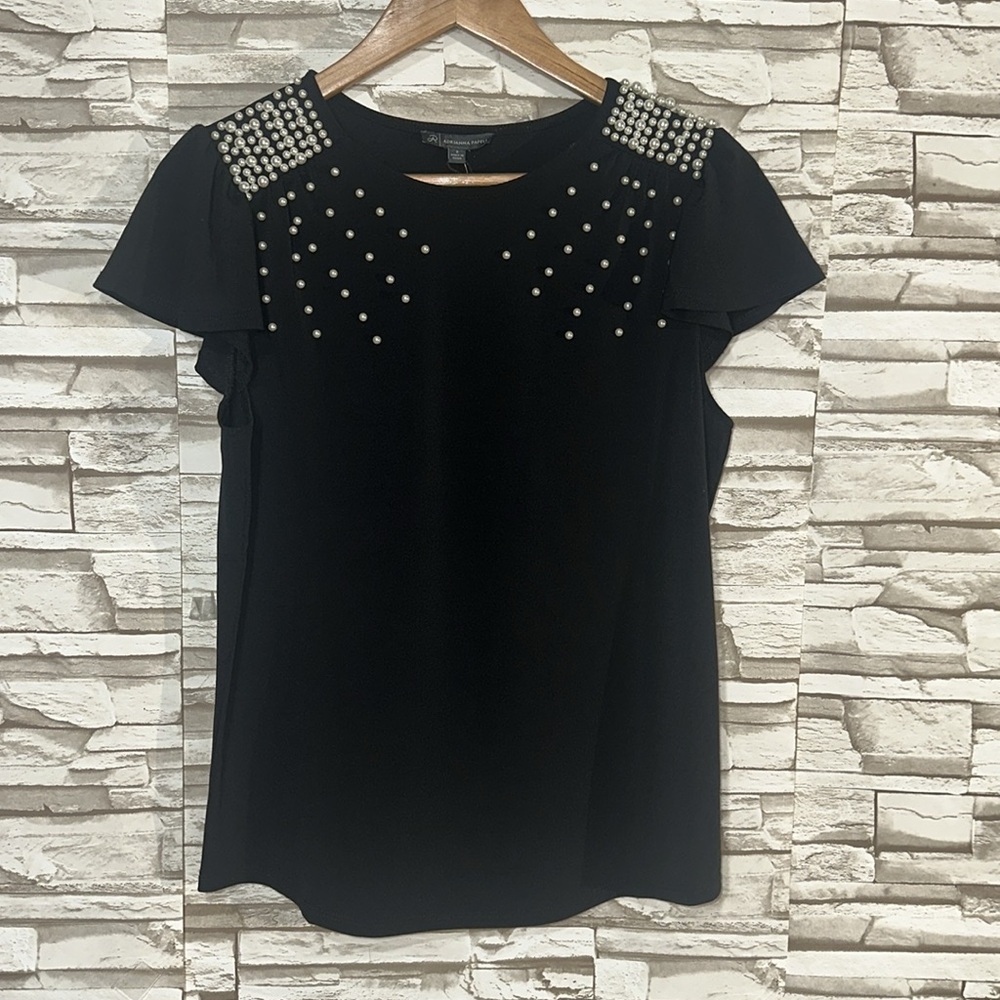 ADRIANNA PAPELL Small Black Embellished faux pearls detail cap sleeve blouse